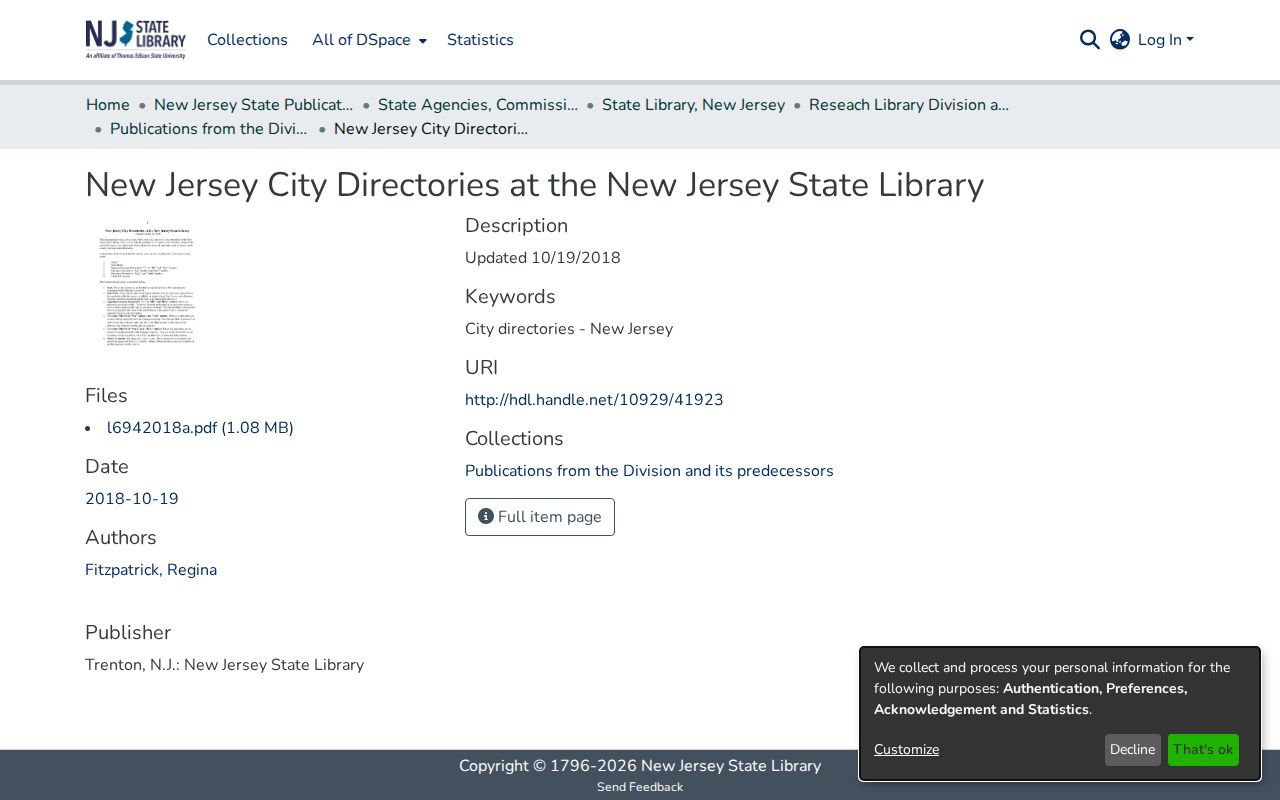 New Jersey city directory bibliography at the State Library